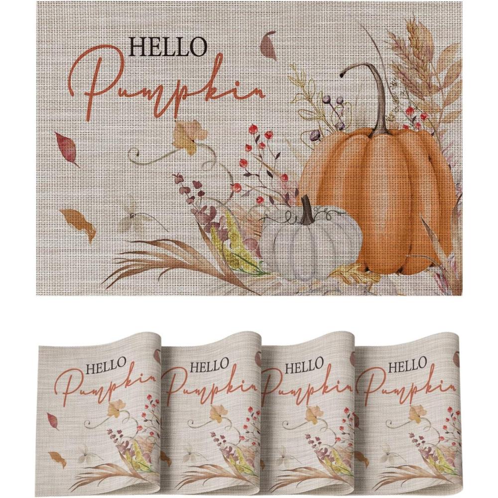 imageArtoid Mode Orange Hello Pumpkin Leaves Fall Vinyl Placemats Set of 4 Washable Woven NonSlip Plastic Table Mats for Thanksgiving Holiday Party Kitchen Dining DecorOrange