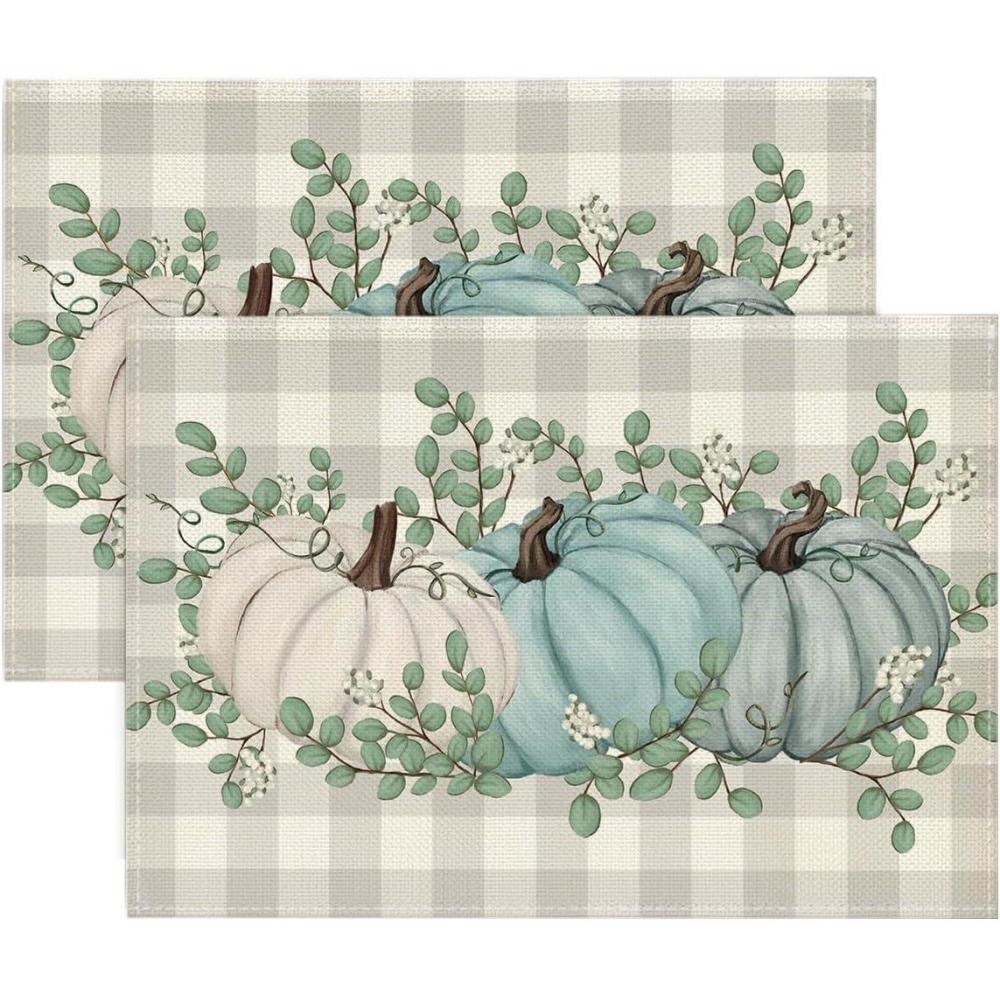 imageArtoid Mode Orange Pumpkins Eucalyptus Leaves Fall Placemats Set of 4 12x18 Inch Seasonal Autumn Table Mats for Party Kitchen Dining DecorationBlue