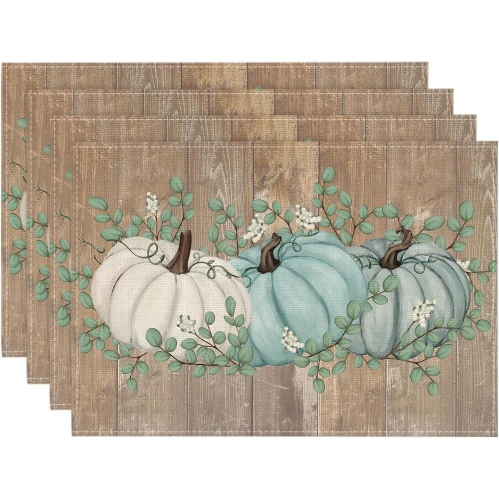imageArtoid Mode Orange Pumpkins Eucalyptus Leaves Fall Placemats Set of 4 12x18 Inch Seasonal Autumn Table Mats for Party Kitchen Dining DecorationBlue LeavesWood
