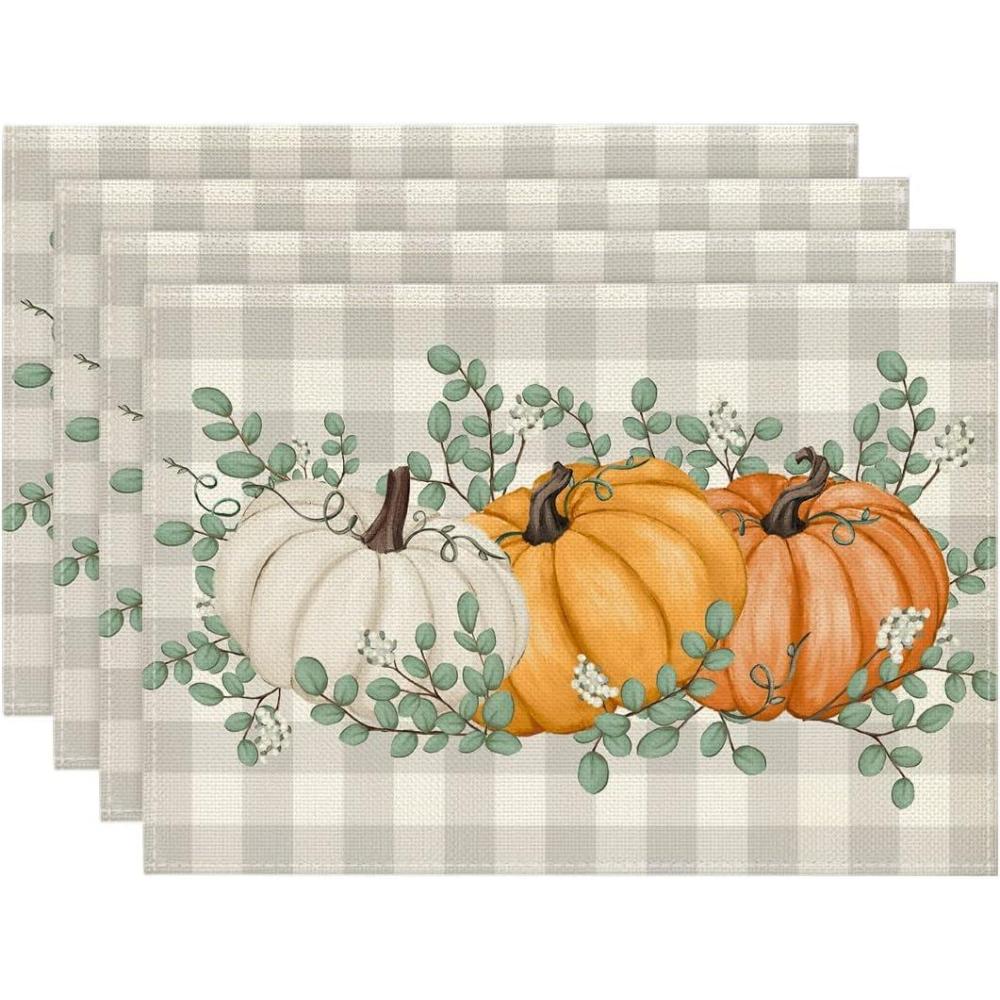 imageArtoid Mode Orange Pumpkins Eucalyptus Leaves Fall Placemats Set of 4 12x18 Inch Seasonal Autumn Table Mats for Party Kitchen Dining DecorationOrange