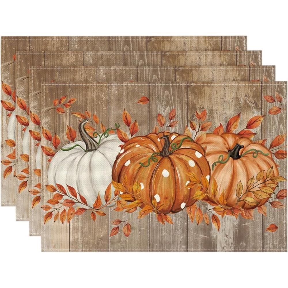 imageArtoid Mode Orange Pumpkins Eucalyptus Leaves Fall Placemats Set of 4 12x18 Inch Seasonal Autumn Table Mats for Party Kitchen Dining DecorationWood