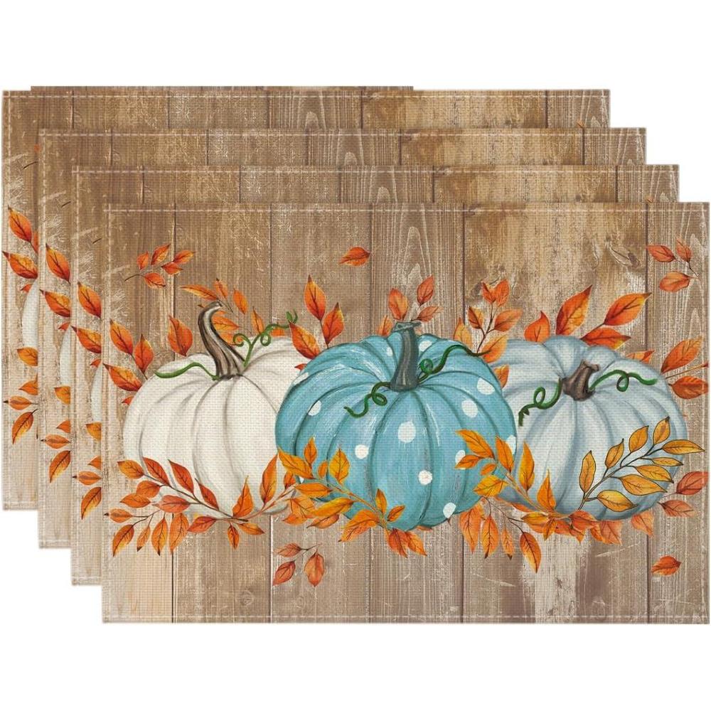 imageArtoid Mode Orange Pumpkins Eucalyptus Leaves Fall Placemats Set of 4 12x18 Inch Seasonal Autumn Table Mats for Party Kitchen Dining DecorationWoodBlue