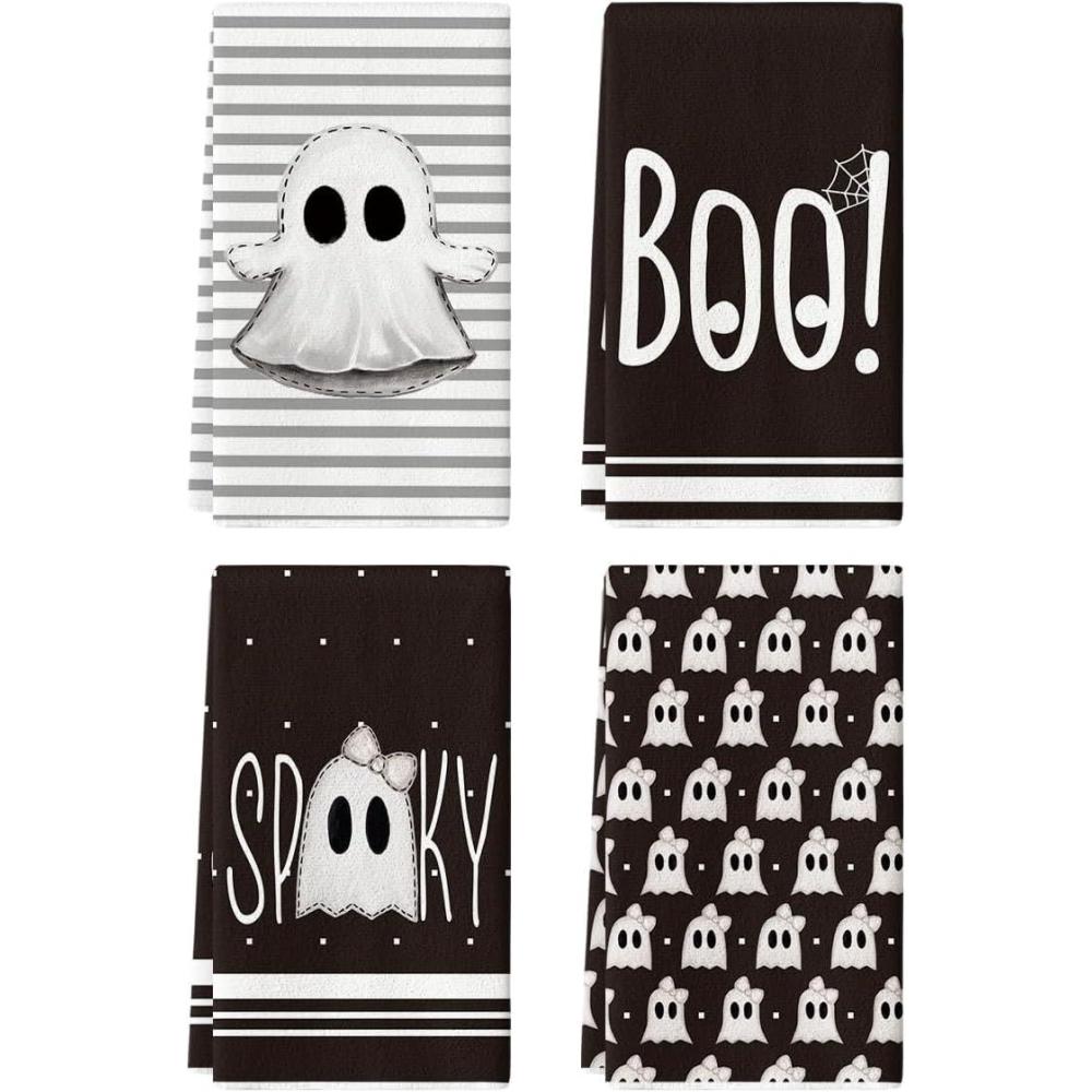 imageArtoid Mode Orange Stripes Ghost Boo Spooky Halloween Kitchen Towels Dish Towels 18x26 Inch Bow Knot Decoration Hand Towels Set of 4Black