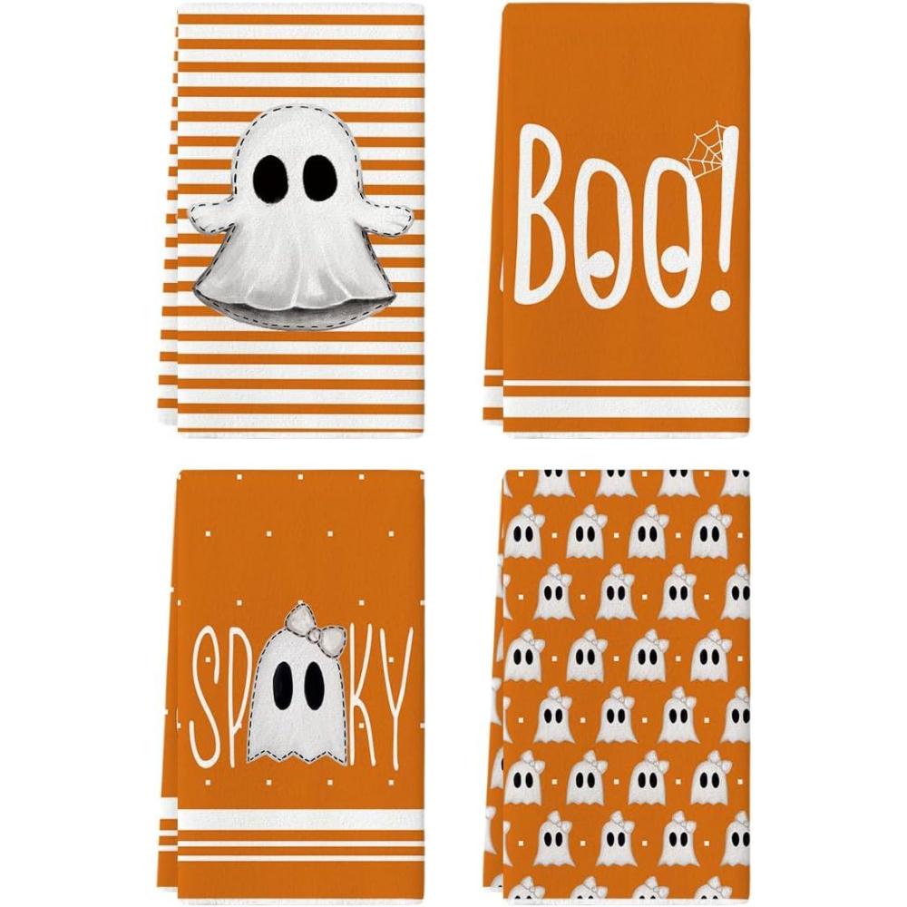 imageArtoid Mode Orange Stripes Ghost Boo Spooky Halloween Kitchen Towels Dish Towels 18x26 Inch Bow Knot Decoration Hand Towels Set of 4Orange