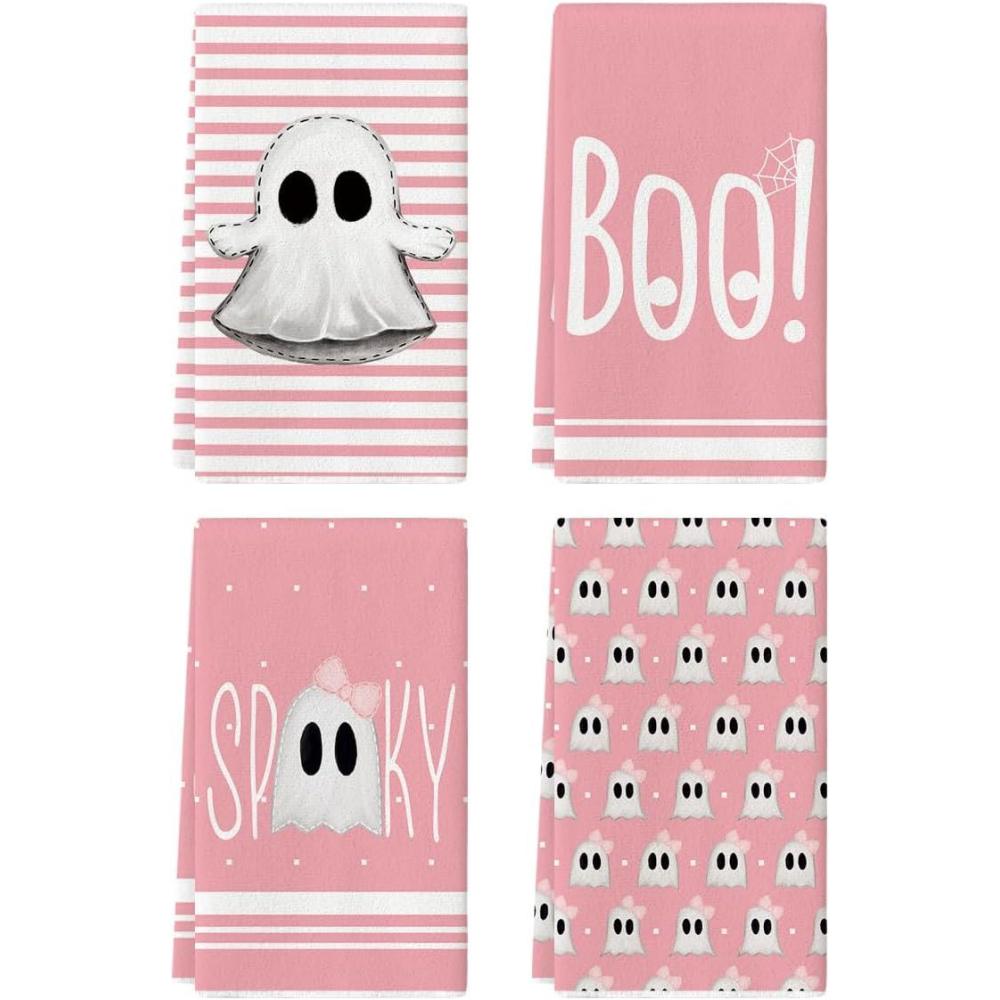 imageArtoid Mode Orange Stripes Ghost Boo Spooky Halloween Kitchen Towels Dish Towels 18x26 Inch Bow Knot Decoration Hand Towels Set of 4Pink