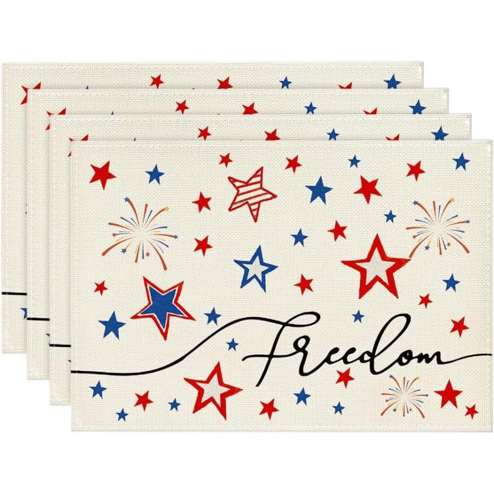 imageArtoid Mode Patriotic Freedom Stars 4th of July Placemats for Dining Table 12x18 Inch Memorial Day Decoration Washable Table Mats Set of 4Beige