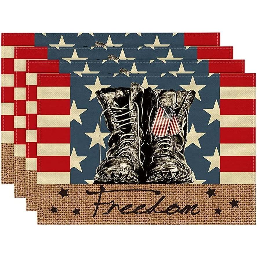 imageArtoid Mode Patriotic Stripes Stars Boots Freedom Placemats for Dining Table 12 x 18 Inch 4th of July Memorial Day Decoration Washable Table Mats Set of 4