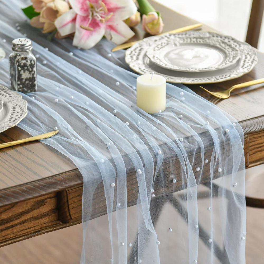imageArtoid Mode Pearl Blue Gauze Table Runner 120 Inch 10FT Seasonal Sheer Dining Holiday Wedding Birthday Baby Shower Table Decor for Home PartyBlue