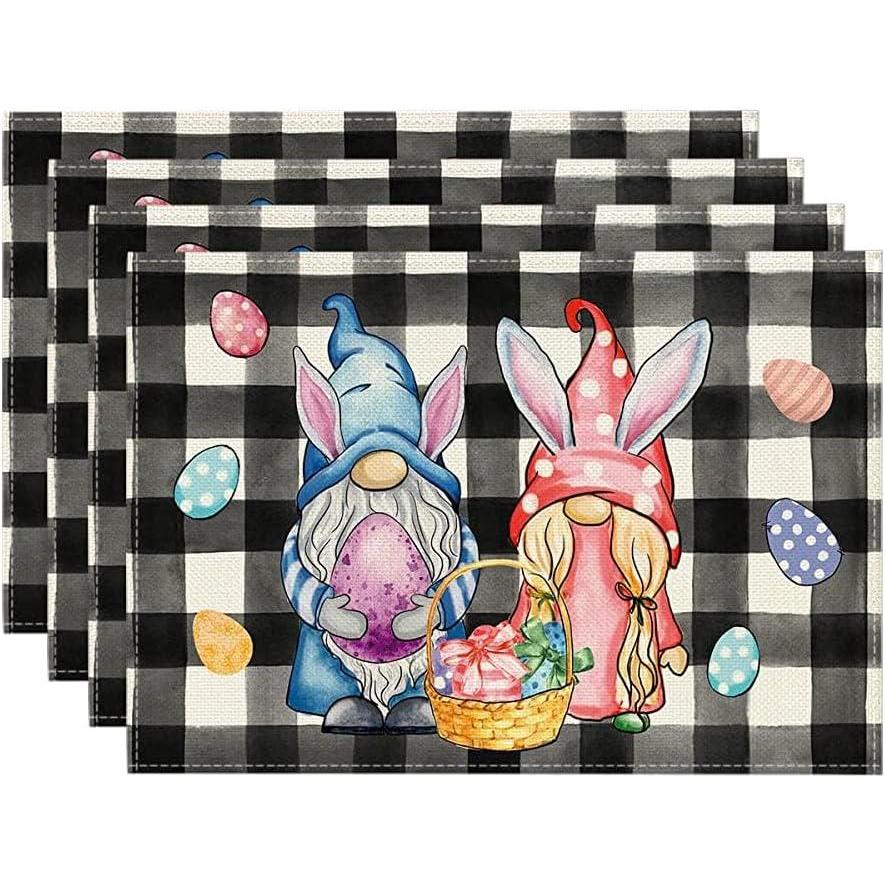 imageArtoid Mode Pink Green Buffalo Plaid Bunny Gnomes Eggs Easter Placemats Set of 4 12x18 Inch Seasonal Table Mats for Party Kitchen Dining DecorationBlack