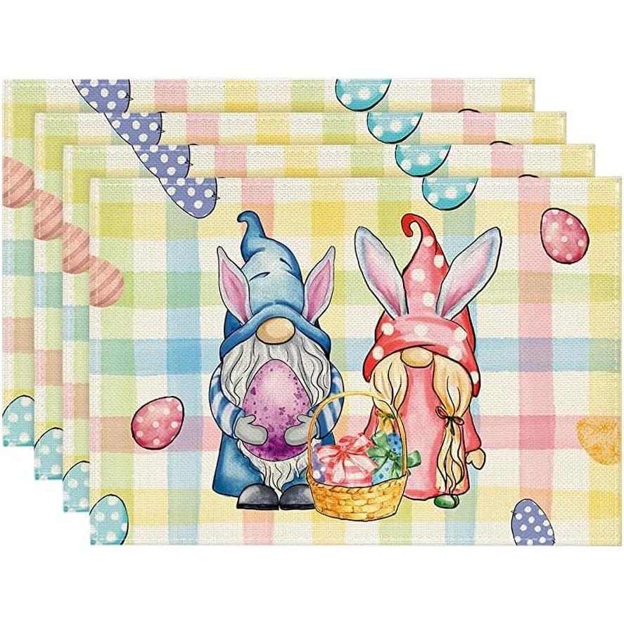 imageArtoid Mode Pink Green Buffalo Plaid Bunny Gnomes Eggs Easter Placemats Set of 4 12x18 Inch Seasonal Table Mats for Party Kitchen Dining DecorationPinkBlue