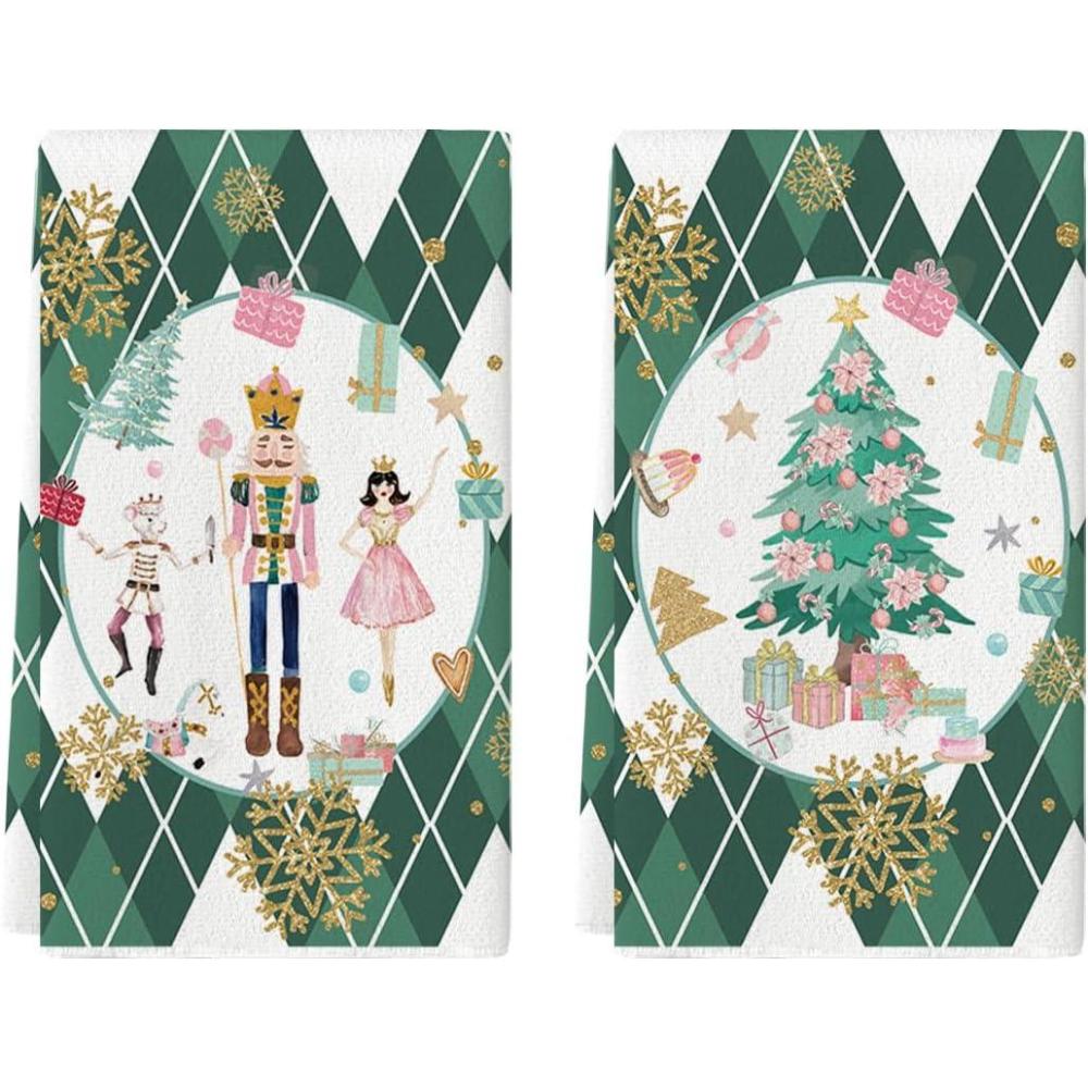 imageArtoid Mode Pink Nutcrackers Tree Christmas Kitchen Towels Dish Towels 18x26 Inch Seasonal Winter Xmas Decoration Hand Towels Set of 2Green