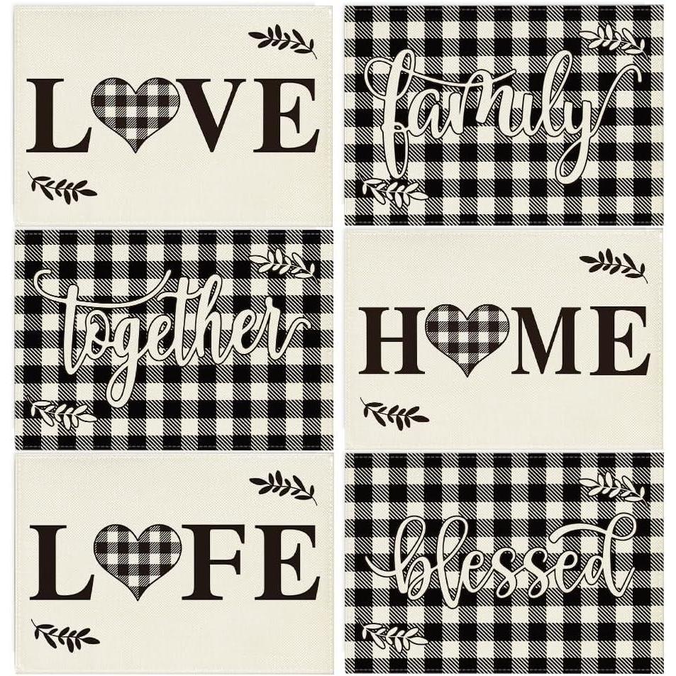 imageArtoid Mode Placemats for Dining Table Red Buffalo Plaid Love Home Family Together 12 x 18 Inch Winter Holiday Washable Table Mat Set of 46pc BlackWhite