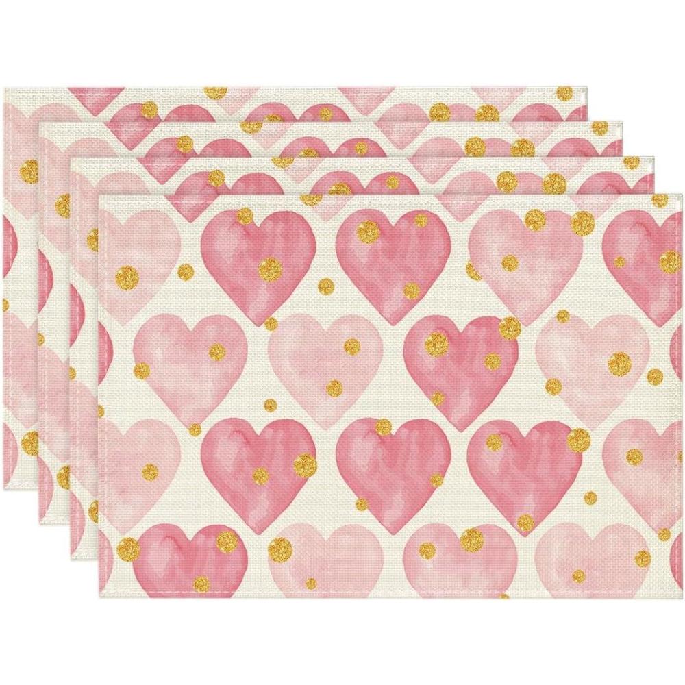 imageArtoid Mode Polka Dot Golden Heart Love Placemats Set of 4 12x18 Inch Anniversary Table Mats for Party Kitchen Dining Decoration