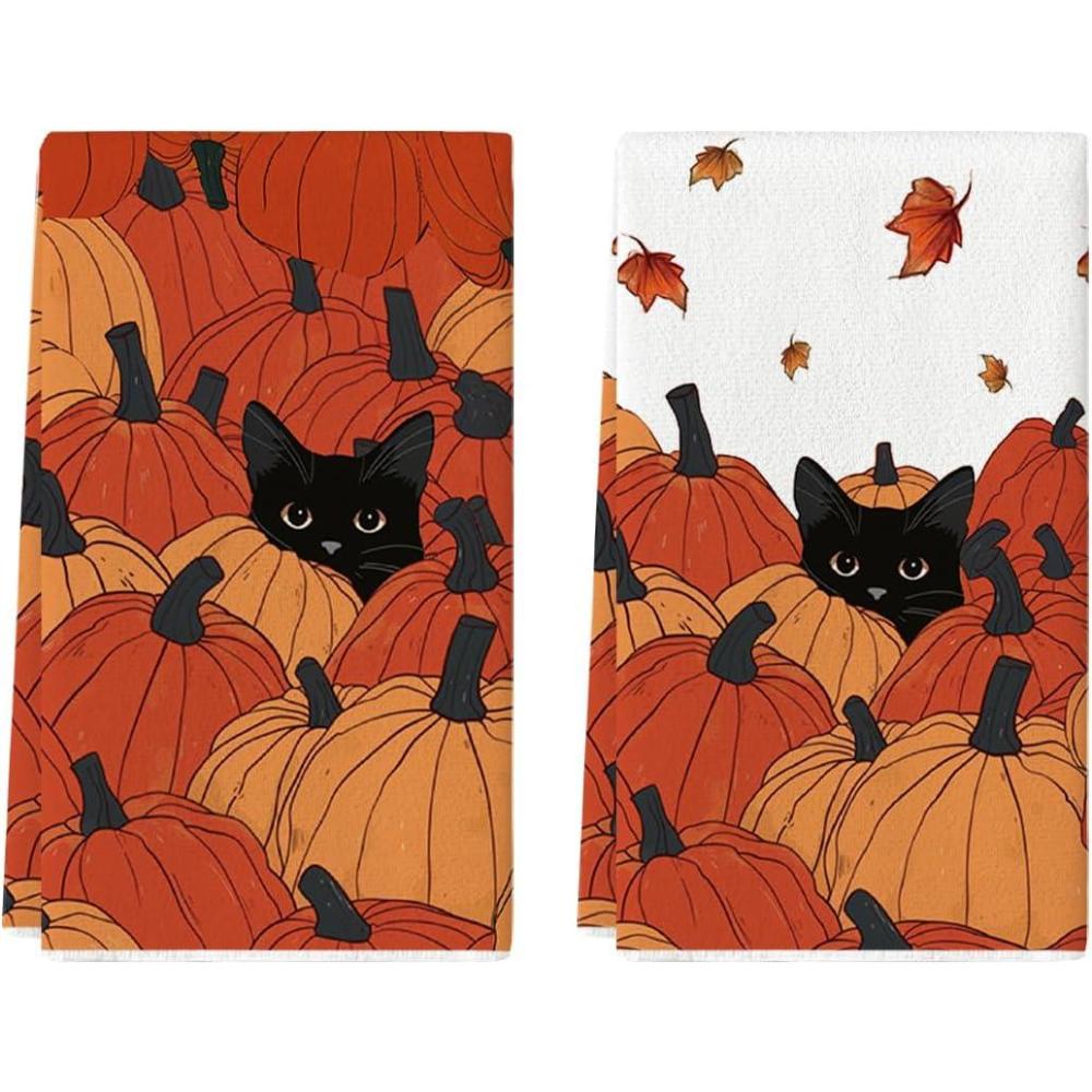 imageArtoid Mode Pumpkin Balck Cat Fall Kitchen Towels Dish Towels 18x26 Inch Farmhouse Maple Leaves Decoration Hand Towels Set of 2