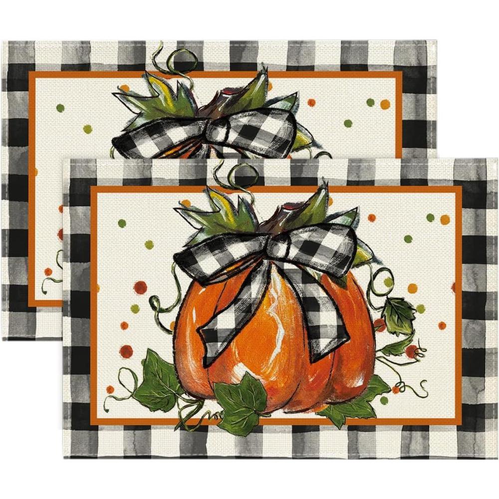 imageArtoid Mode Pumpkin Buffalo Plaid Fall Placemats Set of 4 12x18 Inch Seasonal Autumn Table Mats for Outdoor Home Party Dining DecorationBlackOrange