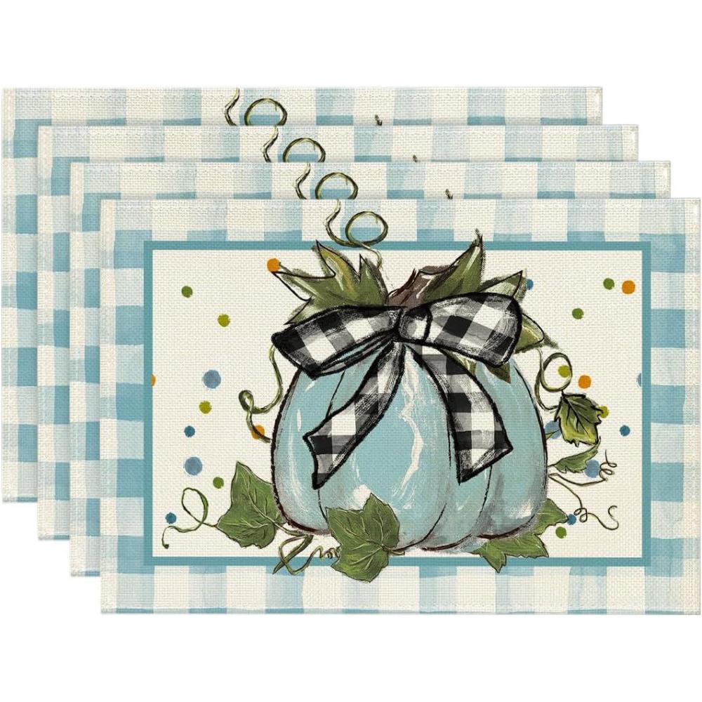 imageArtoid Mode Pumpkin Buffalo Plaid Fall Placemats Set of 4 12x18 Inch Seasonal Autumn Table Mats for Outdoor Home Party Dining DecorationBlueBeige