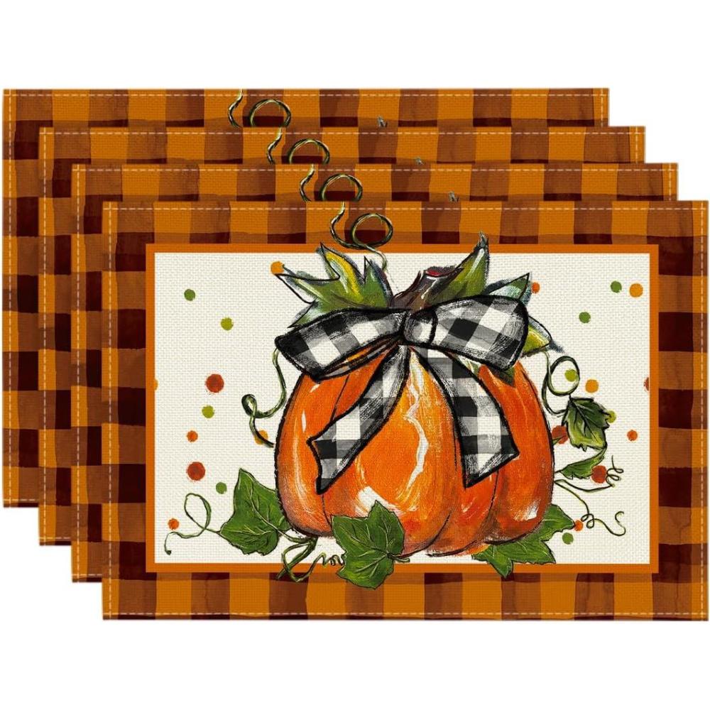 imageArtoid Mode Pumpkin Buffalo Plaid Fall Placemats Set of 4 12x18 Inch Seasonal Autumn Table Mats for Outdoor Home Party Dining DecorationOrange
