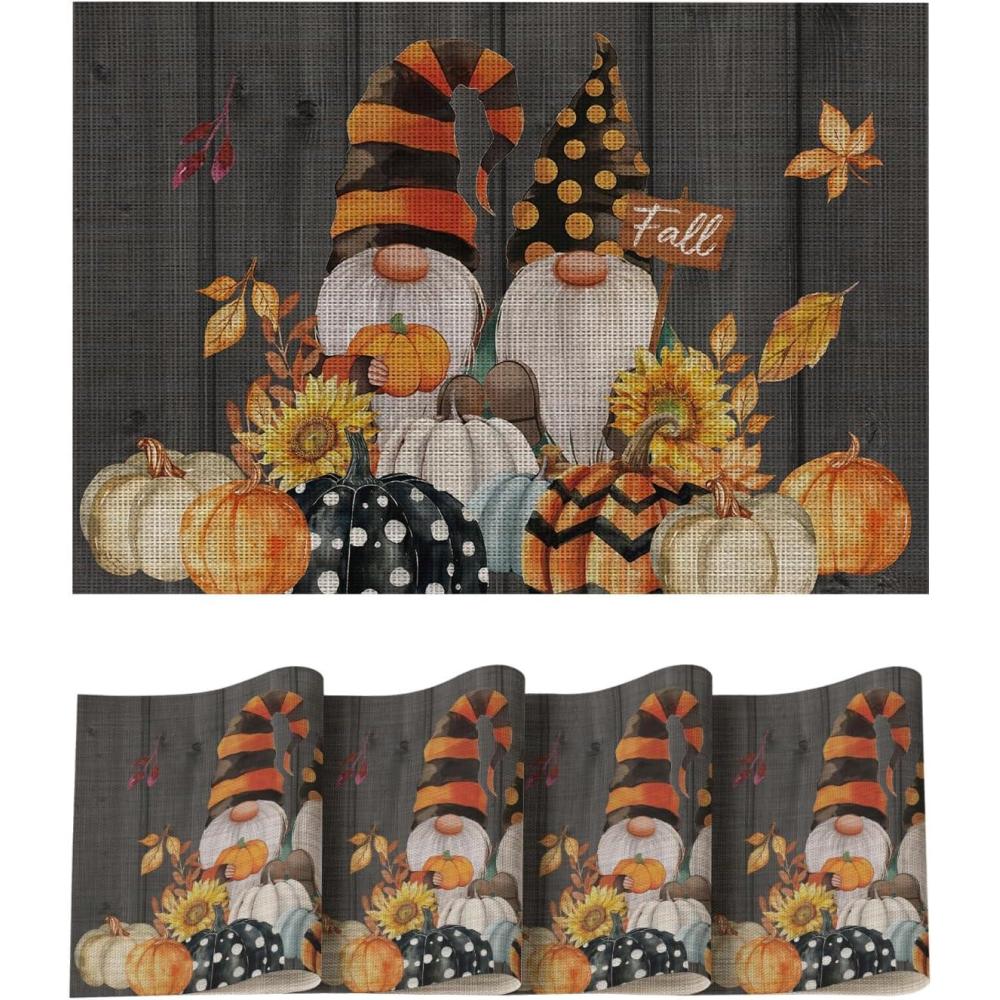 imageArtoid Mode Pumpkin Gnomes Leaves Fall Vinyl Placemats Set of 4 Wipeable Woven PVC Table Mats for Thanksgiving Holiday Party Kitchen Dining DecorGray