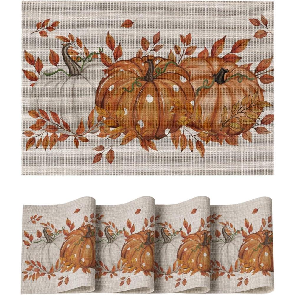 imageArtoid Mode Pumpkin Leaves Fall Vinyl Placemats Set of 4 Wipeable Woven PVC Table Mats for Thanksgiving Farmhouse Holiday Party Kitchen Dining DecorOrange