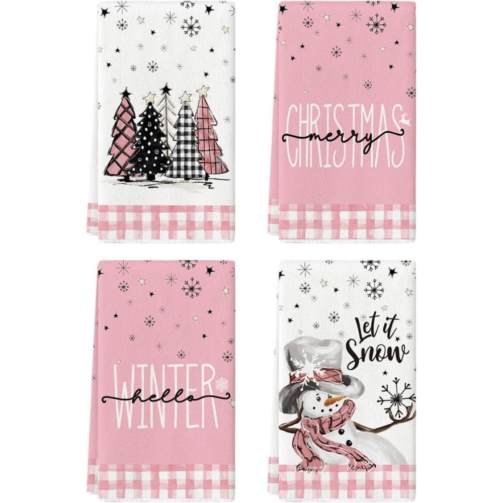 imageArtoid Mode Red Black Buffalo Plaid Snowman Xmas Trees Christmas Kitchen Towels Dish Towels 18x26 Inch Daily Seasonal Winter Decoration Hand Towels Set of 4PinkWhite