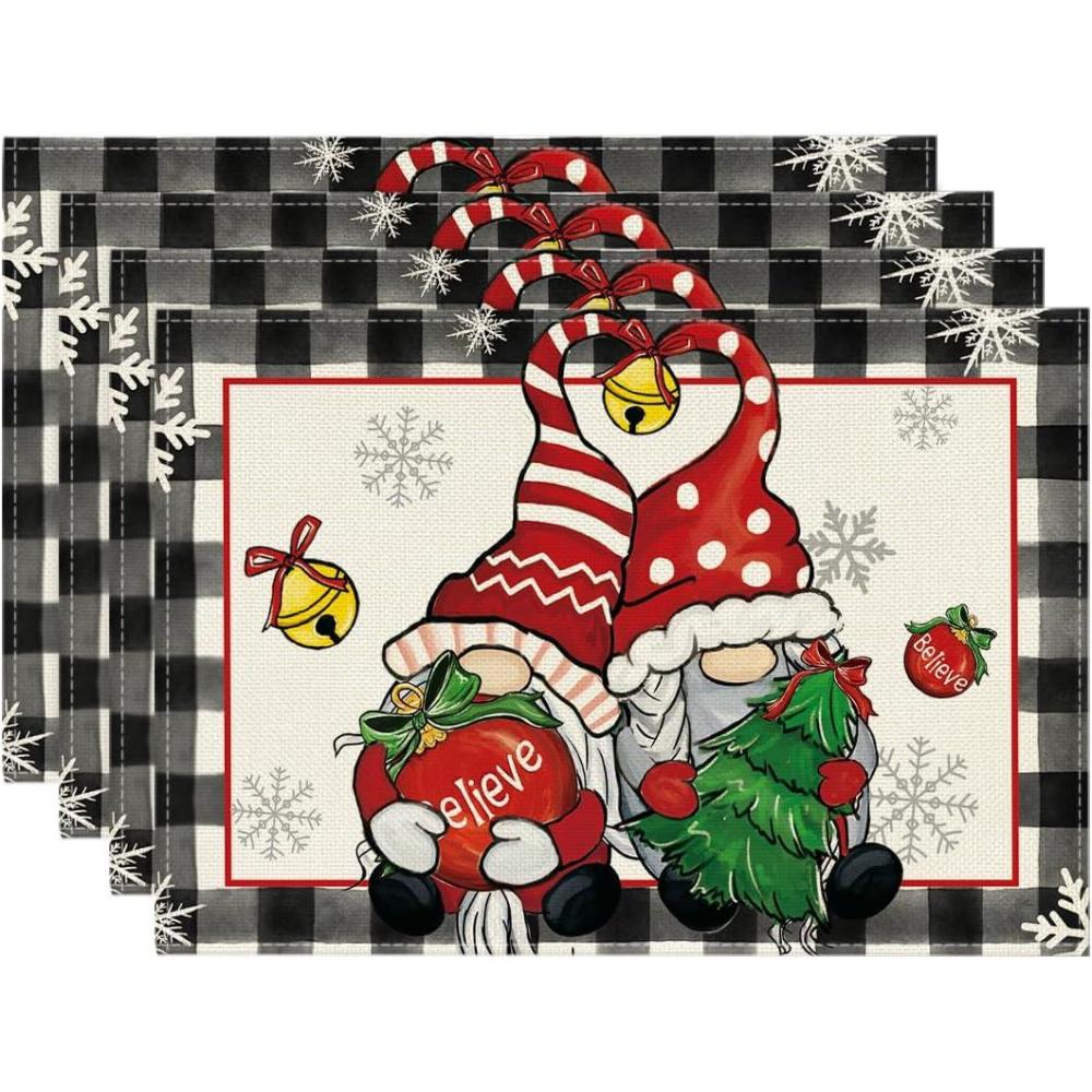 imageArtoid Mode Red Buffalo Plaid Gnome Believe Xmas Balls Merry Christmas Round Placemats Set of 4 14 Inch Winter Round Table Mats for Dining DecorationBeigeBlack