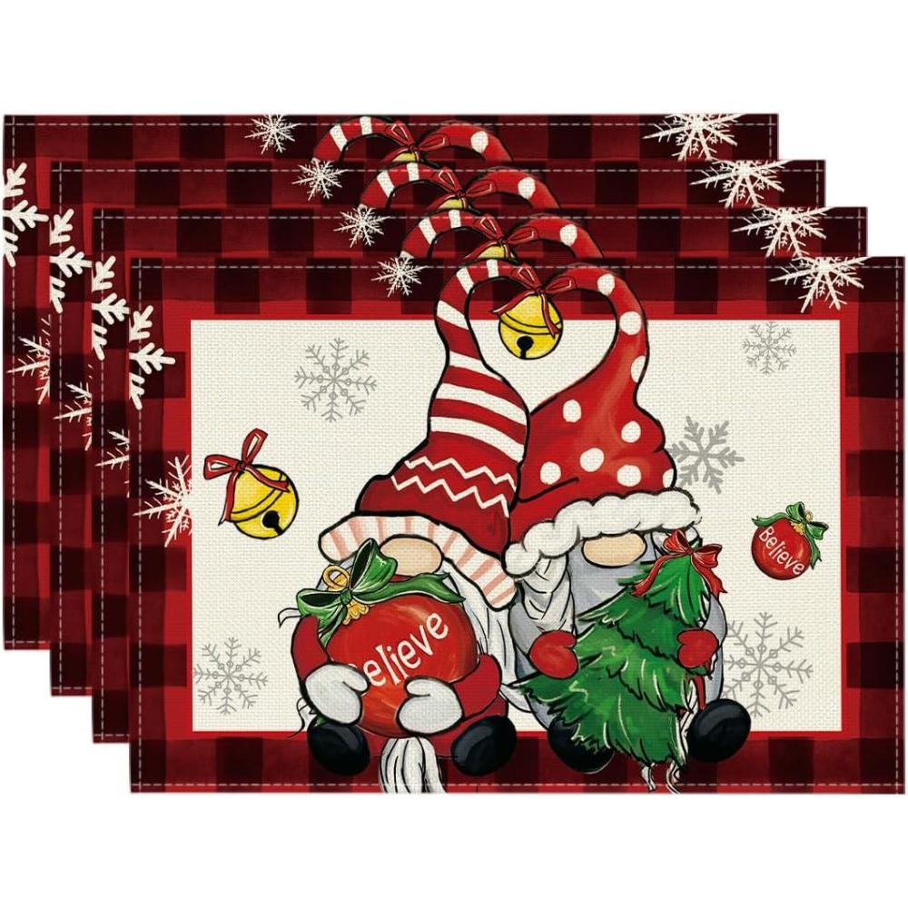 imageArtoid Mode Red Buffalo Plaid Gnome Believe Xmas Balls Merry Christmas Round Placemats Set of 4 14 Inch Winter Round Table Mats for Dining DecorationRedBlack