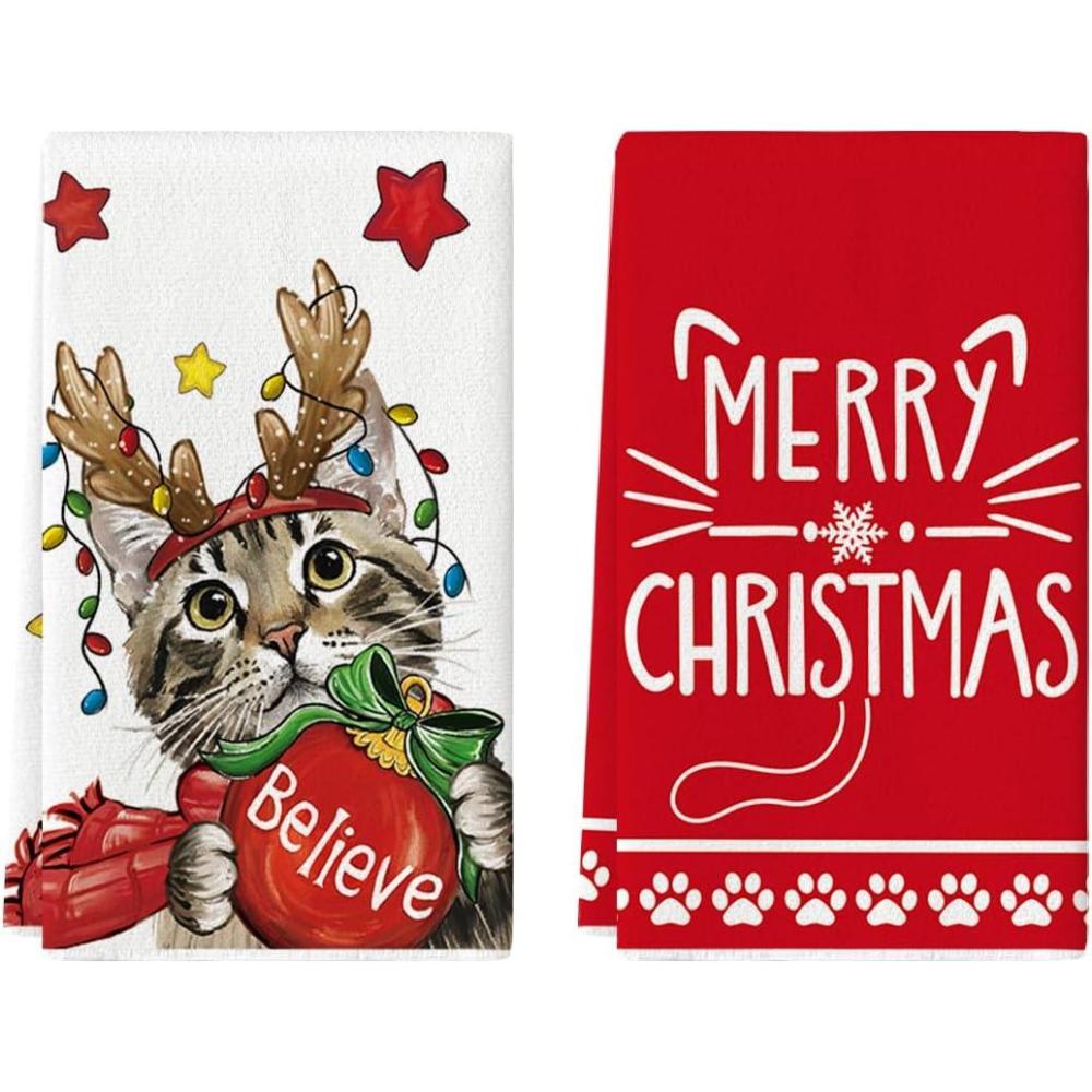 imageArtoid Mode Red Cat Merry Christmas Kitchen Towels Dish Towels 18x26 Inch Star Xmas Ball Believe Daily Winter Decoration Hand Towels Set of 2