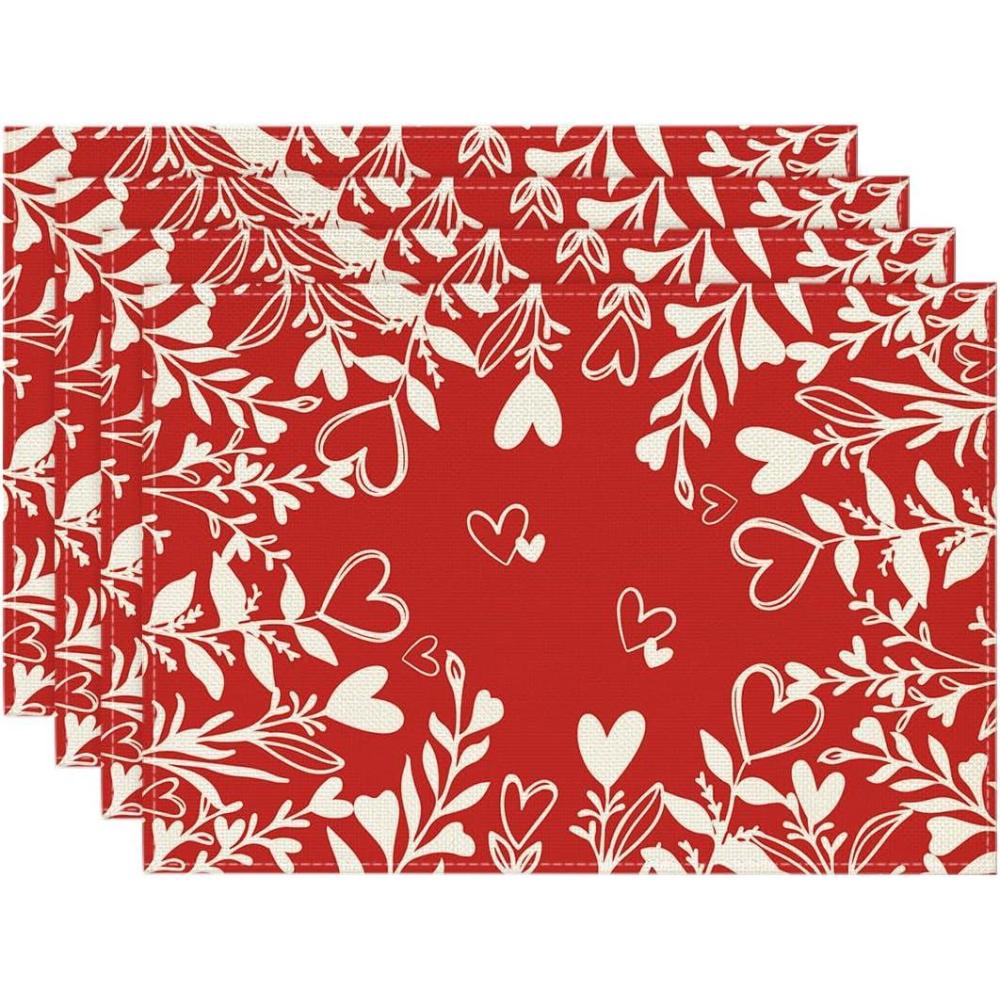imageArtoid Mode Red Heart Love Leaves Valentine Placemats Set of 4 12x18 Inch Anniversary Wedding Table Mats for Party Kitchen Dining DecorationRed