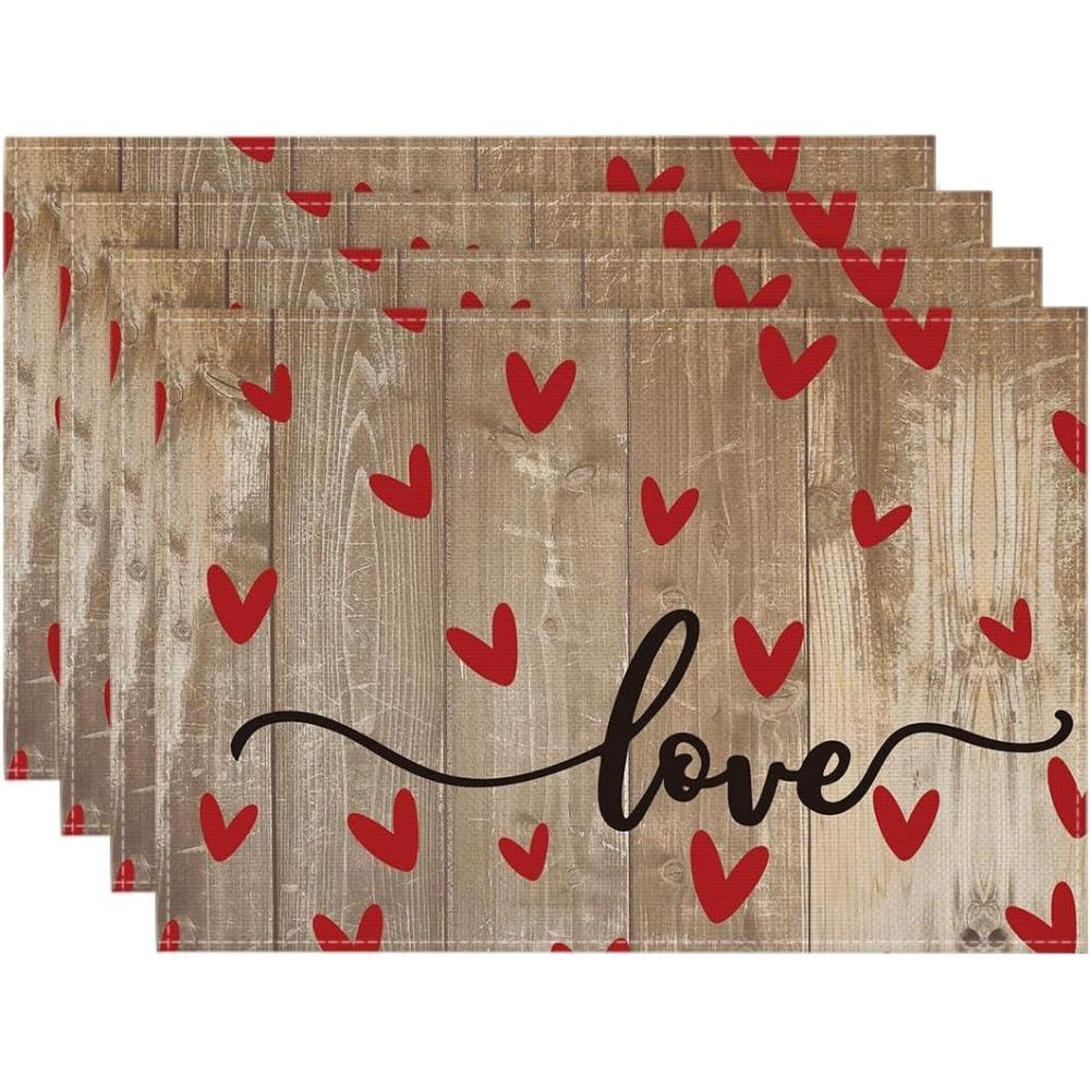 imageArtoid Mode Red Love Round Valentine Placemats Set of 4 14 Inch Anniversary Wedding Round Table Mats for Dining DecorationWood