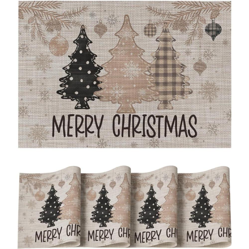 imageArtoid Mode Red Pine Trees Balls Christmas Vinyl Placemats Set of 4 12x18 Inch Wipeable Winter PVC Woven Table Mats for Party Kitchen Dining DecorBeigeYellow