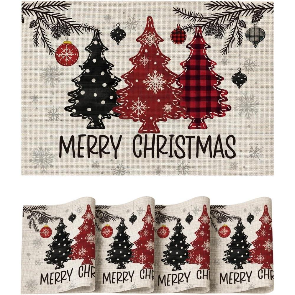 imageArtoid Mode Red Pine Trees Balls Christmas Vinyl Placemats Set of 4 12x18 Inch Wipeable Winter PVC Woven Table Mats for Party Kitchen Dining DecorBeigeRed