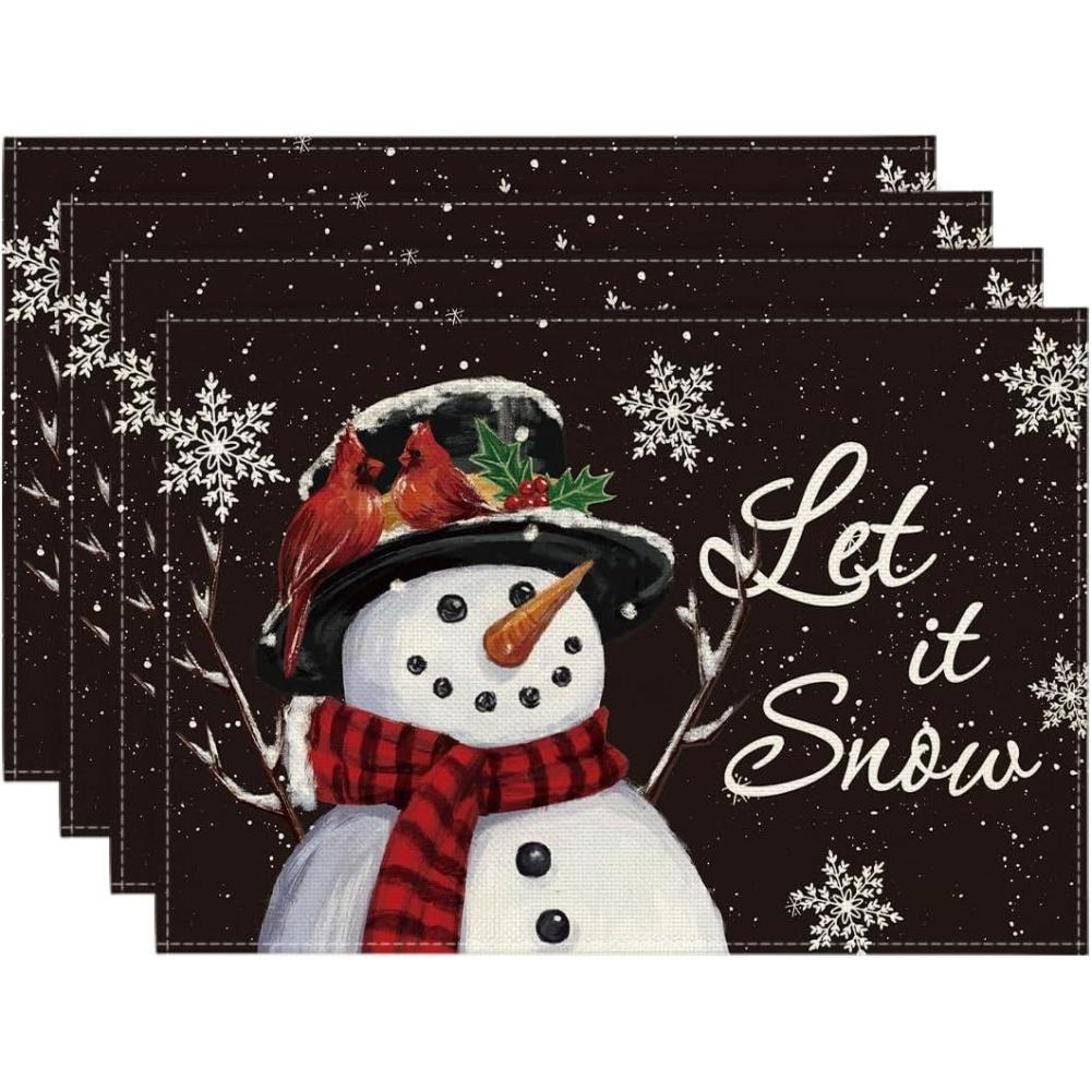 imageArtoid Mode Red Snowman Let It Snow Winter Placemats Set of 4 15 Inch Seasonal Christmas Xmas Round Table Mats for Dining DecorationBlack
