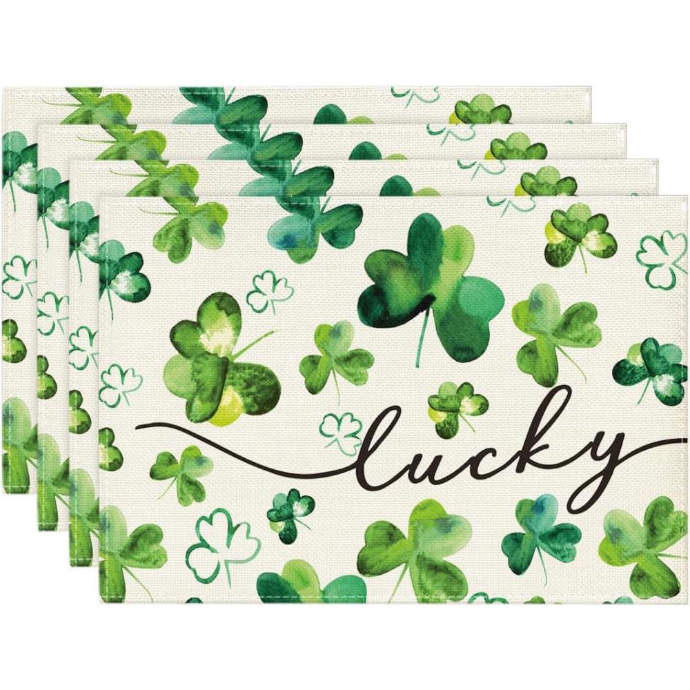 imageArtoid Mode Shamrock Clover Lucky St Patricks Day Placemats Set of 4 12x18 Inch Seasonal Holiday Table Mats for Party Kitchen Dining DecorationBeige