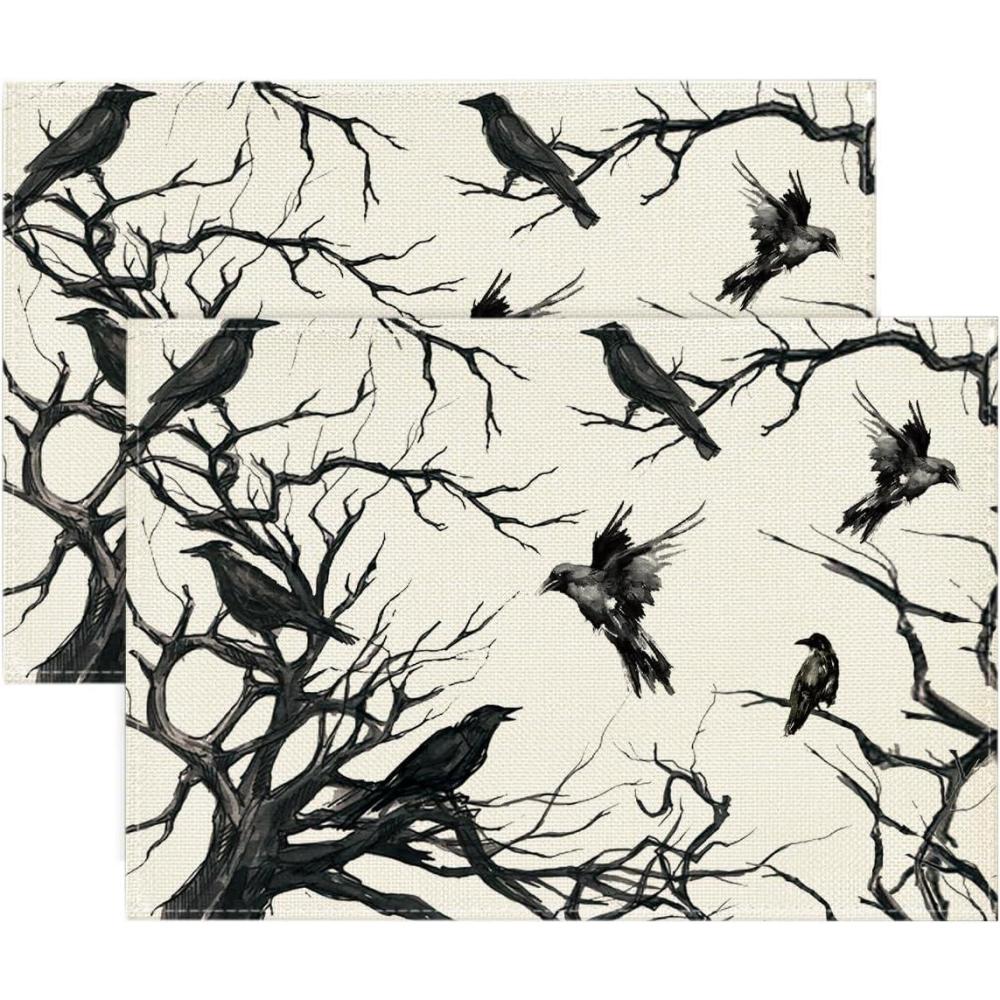 imageArtoid Mode Silhouette Tree Crows Halloween Round Placemats Set of 4 14 Inch Fall Round Table Mats for Dining DecorationBeigeBlack