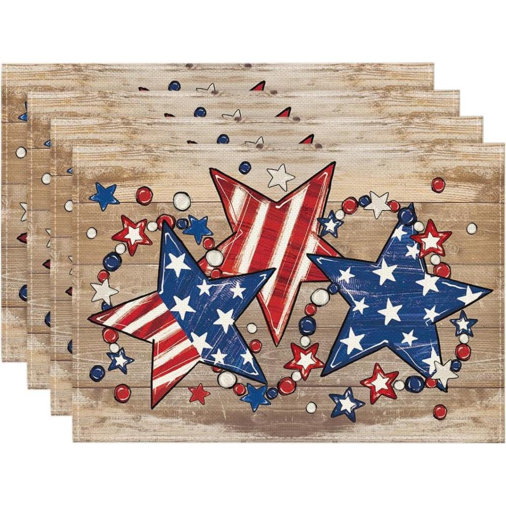 imageArtoid Mode Silver Beads Stars Patriotic 4th of July Placemats Set of 4 12x18 Inch Memorial Day Table Mats for Party Kitchen Dining DecorationWood