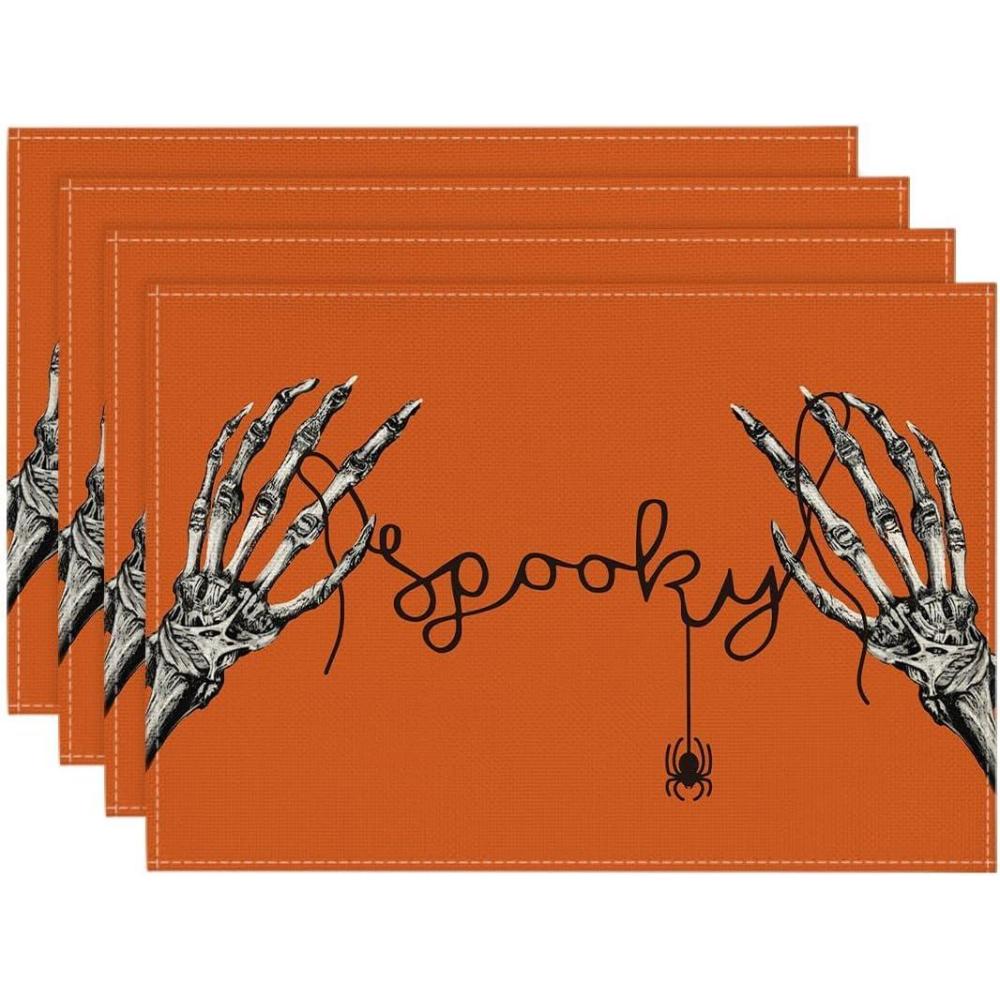 imageArtoid Mode Skeleton Hand Halloween Placemats Set of 4 12x18 Inch Fall Floral Spider Table Mats for Party Kitchen Dining DecorationOrange