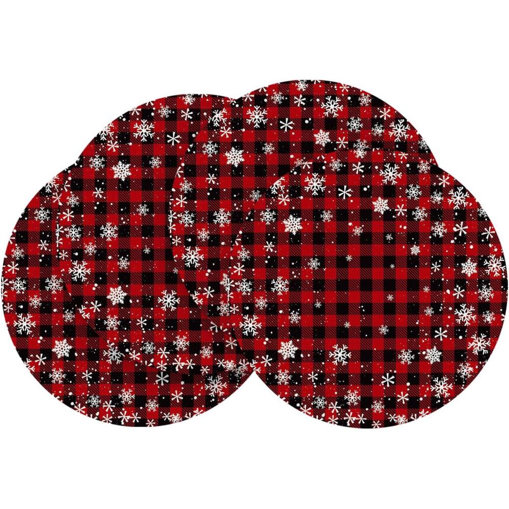 imageArtoid Mode Snowflakes Red and Black Buffalo Plaid Vinyl Round Placemats Set of 4 15 Inch Wipeable PVC Woven Table Mats for Party Kitchen Dining Decor