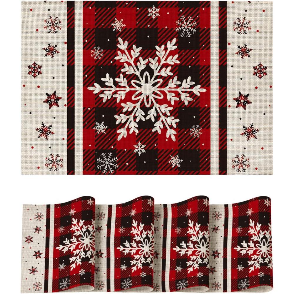 imageArtoid Mode Snowflakes Vinyl Christmas Placemats Set of 4 12x18 Inch Wipeable NonSlip PVC Place Mats for Party Kitchen Dining DecorBeige