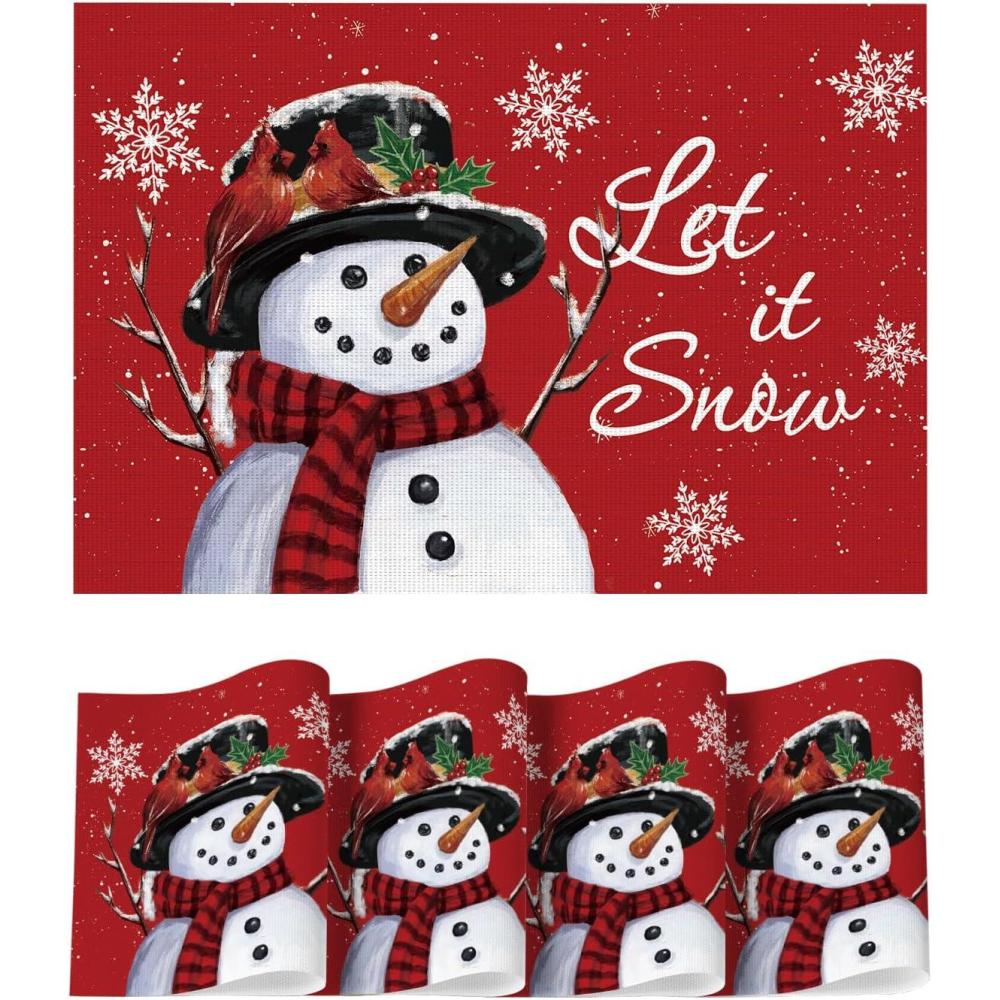 imageArtoid Mode Snowman Snowflakes Vinyl Christmas Placemats Set of 4 Washable Heat Resistant Plastic Winter PVC Woven Table Mats for Party Kitchen Dining Decor 12x18 InchRed