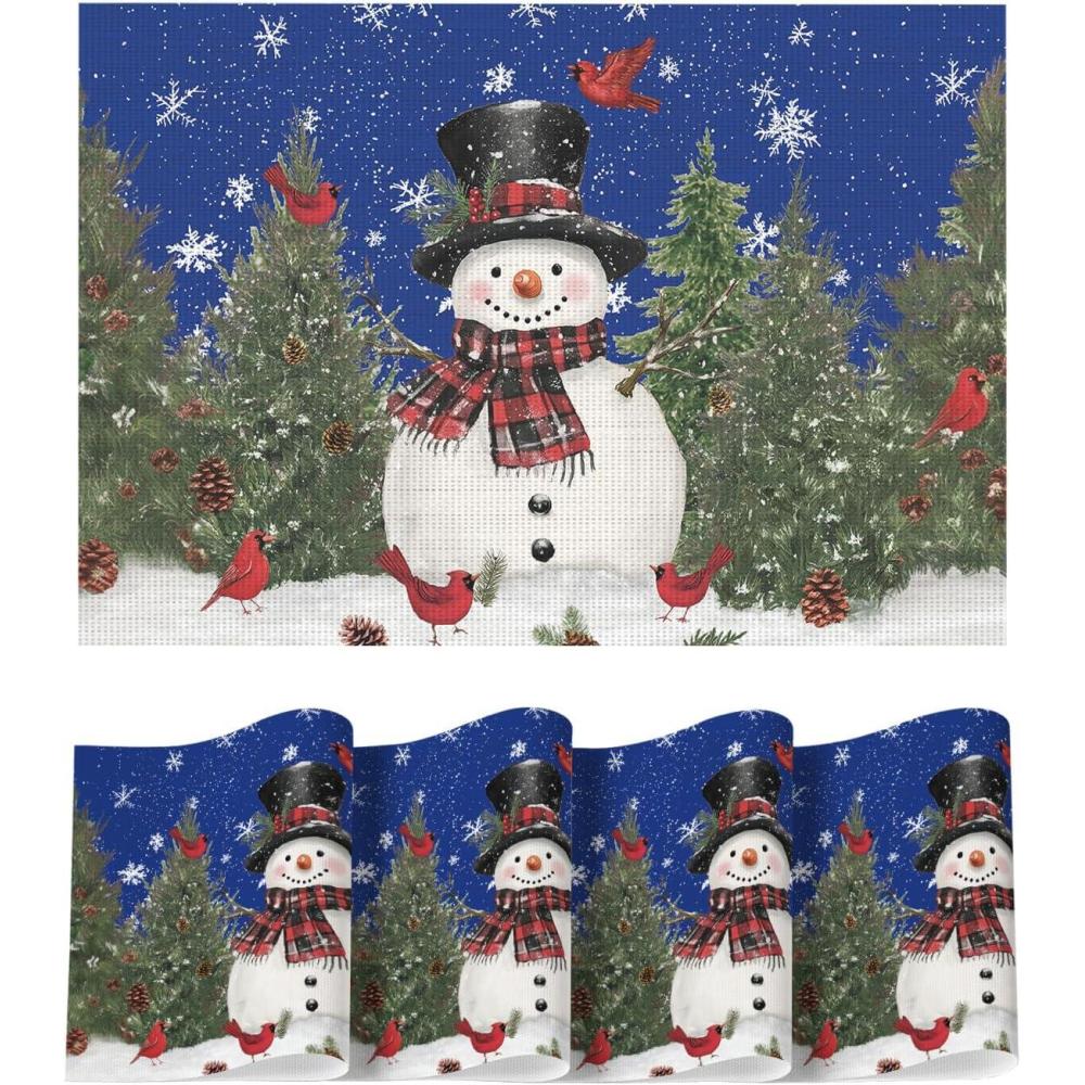 imageArtoid Mode Snowman Trees Christmas Floral Vinyl Placemats Set of 4 Wipeable Blue Winter PVC Woven Table Mats for Party Kitchen Dining Decor 12x18 InchBlue