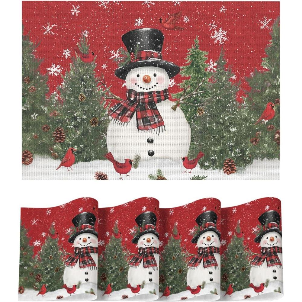 imageArtoid Mode Snowman Trees Christmas Floral Vinyl Placemats Set of 4 Wipeable Blue Winter PVC Woven Table Mats for Party Kitchen Dining Decor 12x18 InchRed