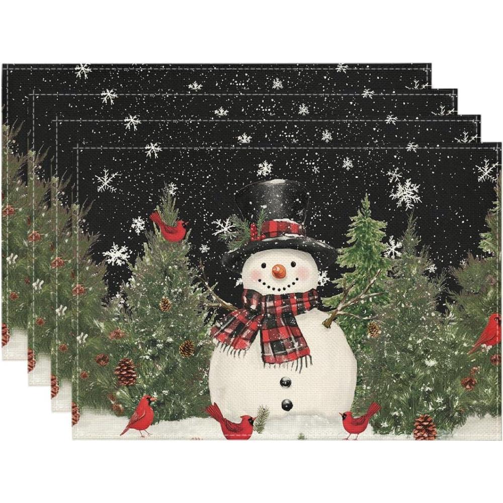 imageArtoid Mode Snowman Trees Snowflakes Christmas Round Placemats Set of 4 14 Inch Black Winter Round Table Mats for Dining DecorationBlack