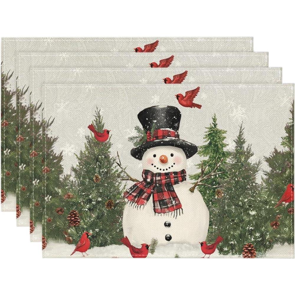 imageArtoid Mode Snowman Trees Snowflakes Christmas Round Placemats Set of 4 14 Inch Black Winter Round Table Mats for Dining DecorationSilver