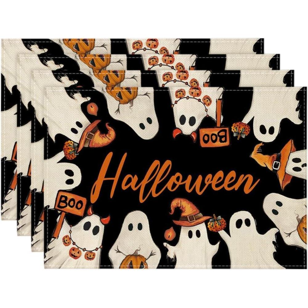 imageArtoid Mode Spooky Ghost Halloween Round Placemats Set of 4 14 Inch Table Mats for Party Kitchen DiningBlackBeige