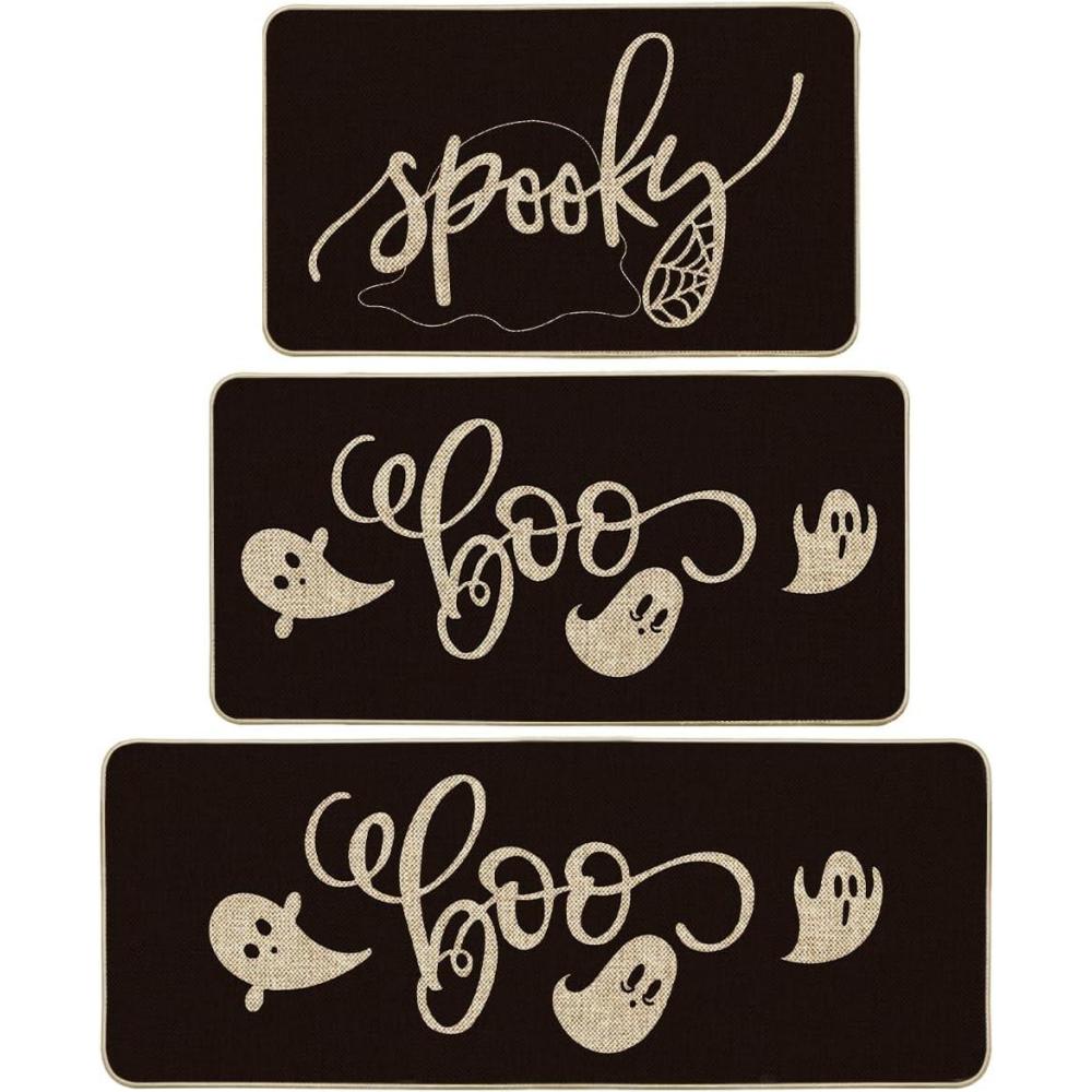 imageArtoid Mode Spooky Spider Web Ghosts Boo Halloween Kitchen Mats Set of 2 Home Decor LowProfile Kitchen Rugs for Floor  17x29 and 17x47 InchBlack