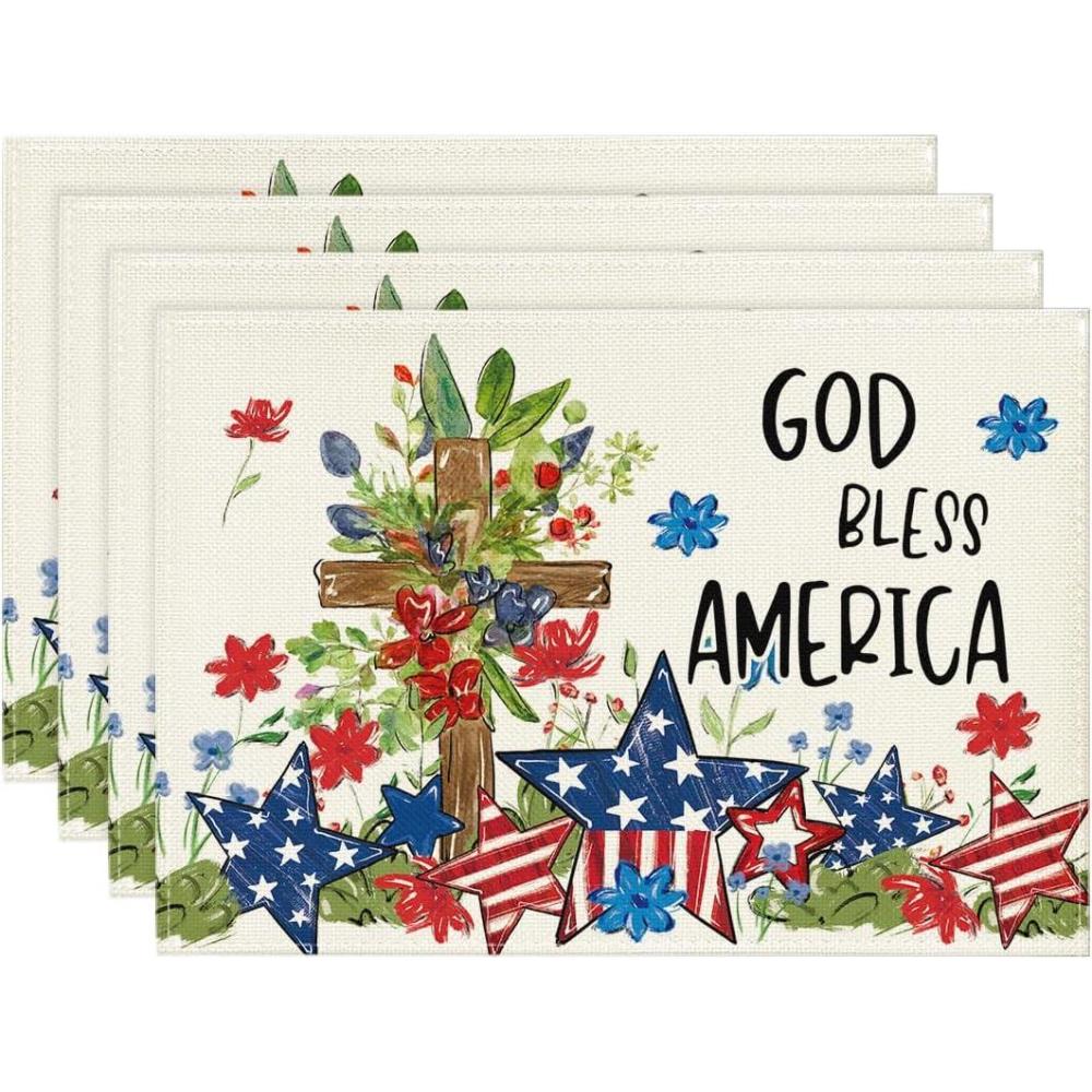 imageArtoid Mode Stars Stripes Cross 4th of July Round Placemats Set of 414 Inch Patriotic Memorial Day Table Mats for Party Kitchen Dining DecorationBeige