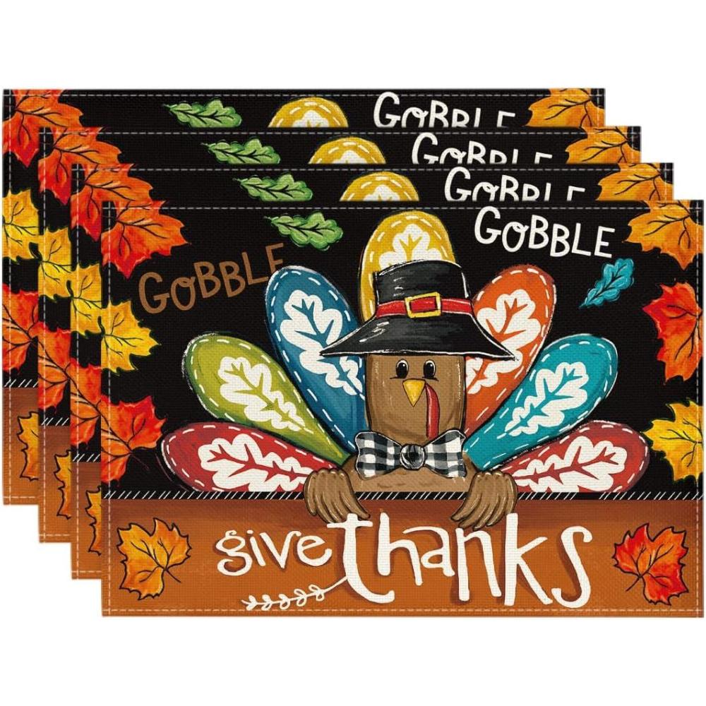 imageArtoid Mode Turkey Give Thanks Thanksgiving Placemats Set of 6 12x18 Inch Seasonal Table Mats for Party Kitchen Dining DecorationBlack