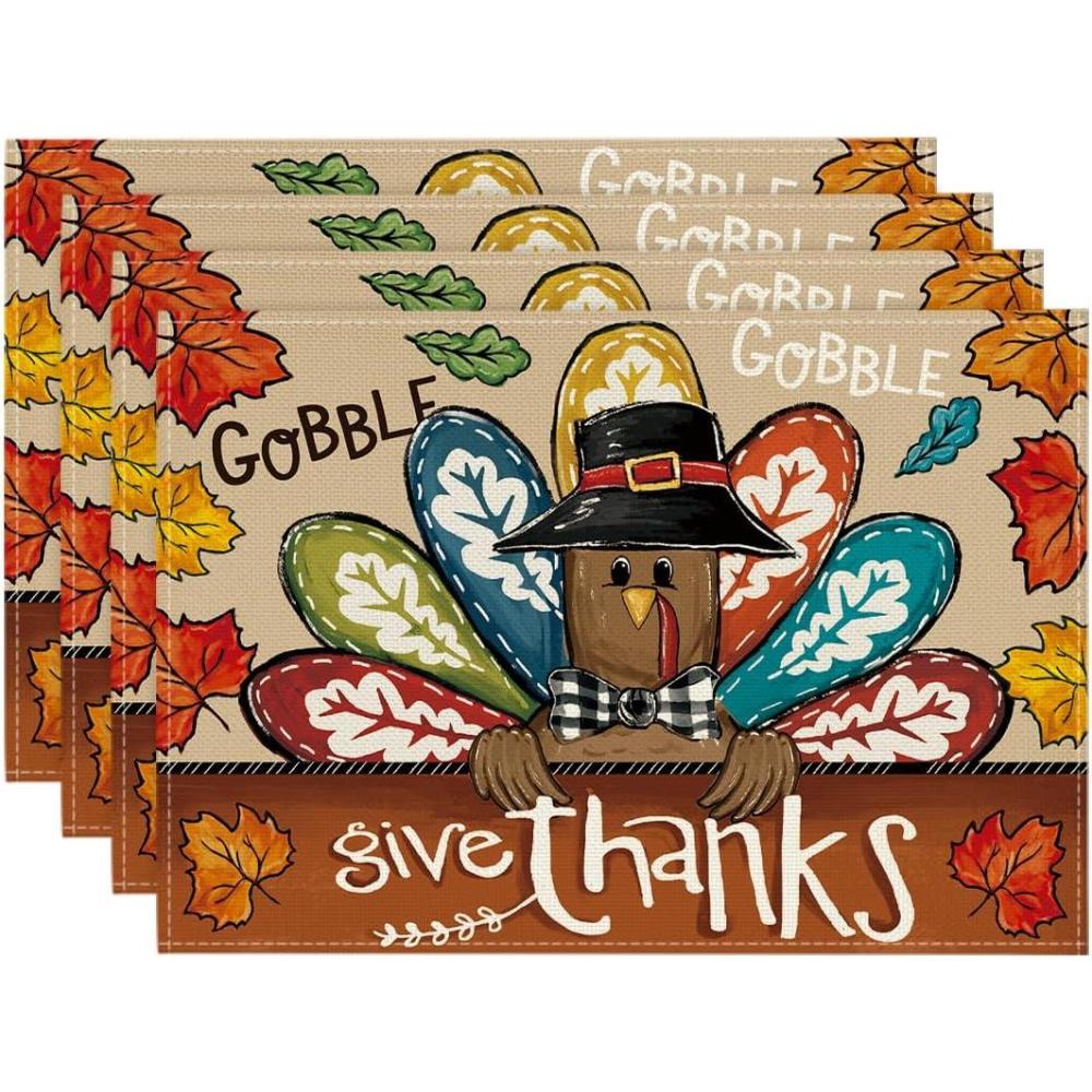 imageArtoid Mode Turkey Give Thanks Thanksgiving Placemats Set of 6 12x18 Inch Seasonal Table Mats for Party Kitchen Dining DecorationBrown