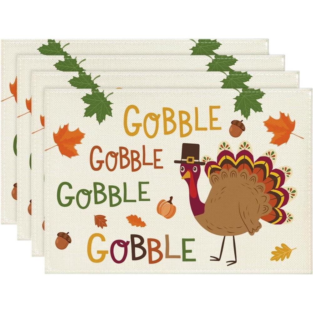 imageArtoid Mode Turkey Gobble Thanksgiving Placemats Set of 6 12x18 Inch Maple Leaves Fall Table Mats for Outdoor Home Party Kitchen Dining DecorationBeige