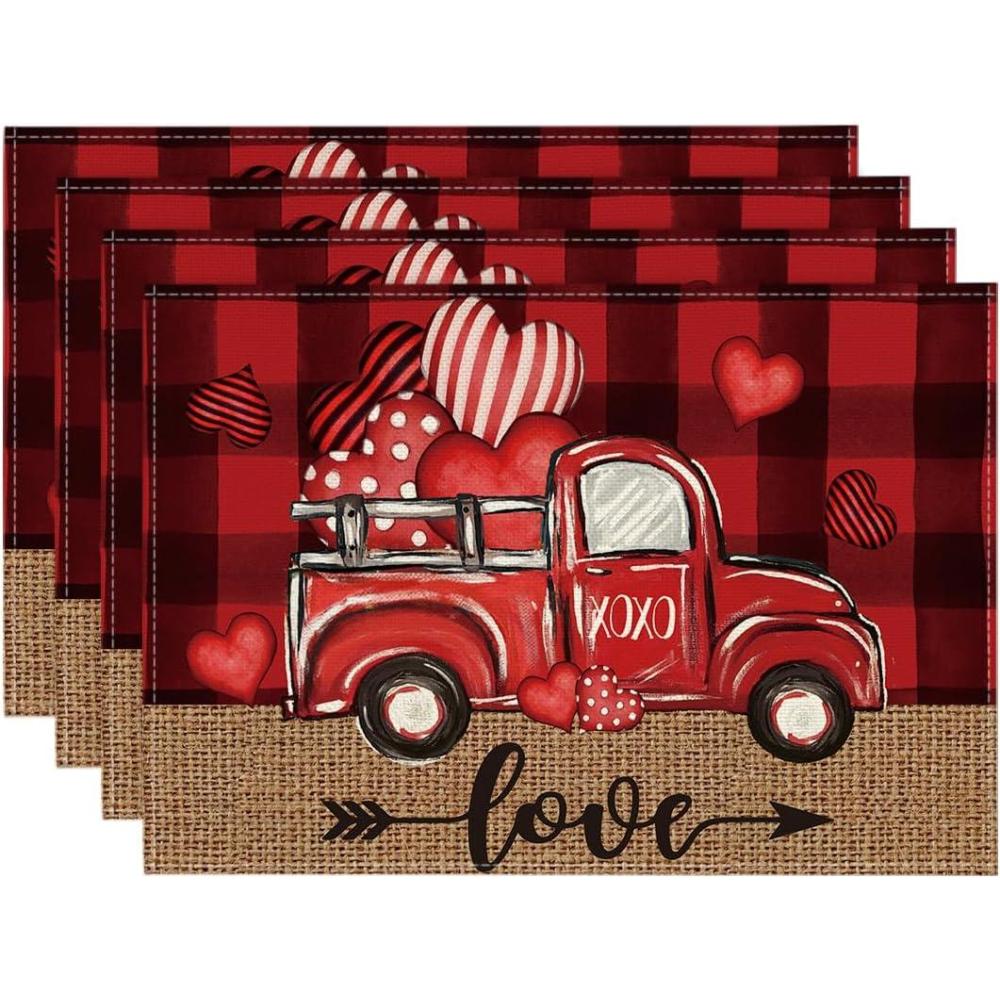 imageArtoid Mode Valentine Placemats Set of 4 12x18 Inch Black Red Buffalo Plaid Hearts Truck Love Table Mats for Party Kitchen Dining Decoration